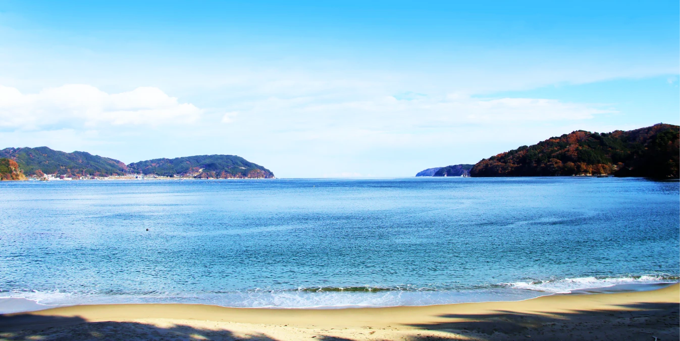 海岸の風景。砂浜と青い海が広がり、遠くには島影が見える。空は晴れており、白い雲が浮かんでいる。
